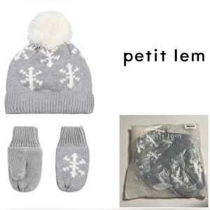 🆕PETIT LEM - 12/24M - NWT - INFANT KNIT GREY / WHITE SNOWFLAKE HAT & MITTENS SET